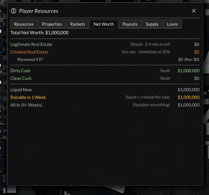 The money readout: dirty cash, clean cash, and crew holdings.