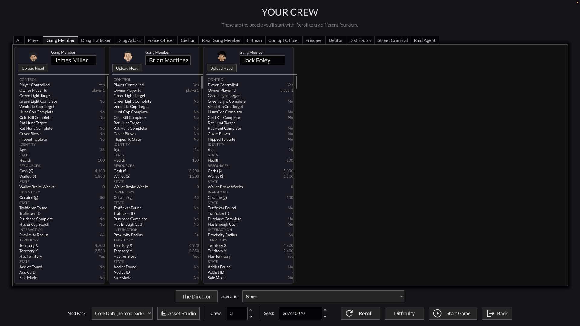 The new-game crew preview, with a tab for every entity type in the game.