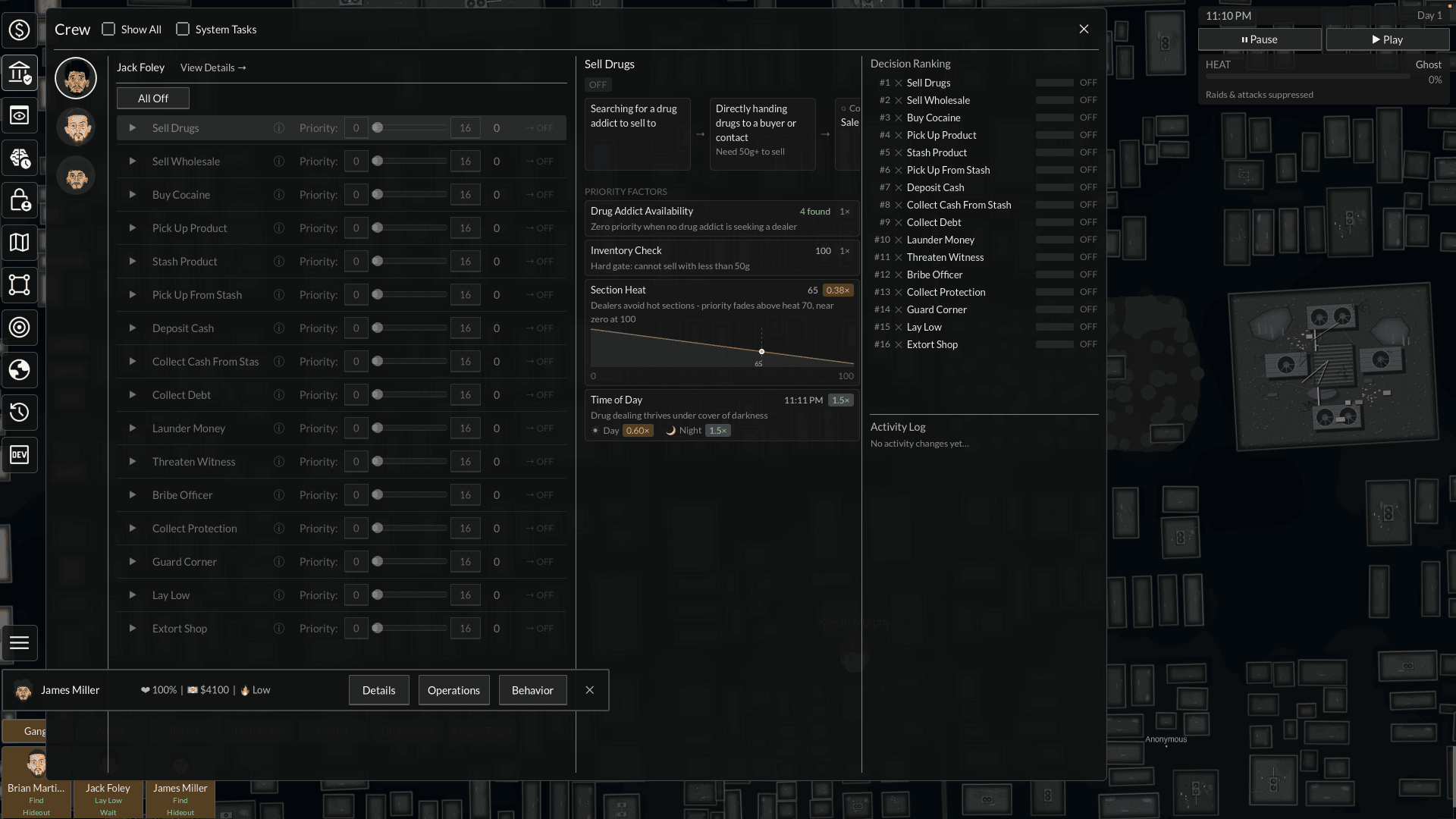 The Crew Behavior panel: per-goal priority sliders, the priority factors behind a goal, and the live decision ranking.