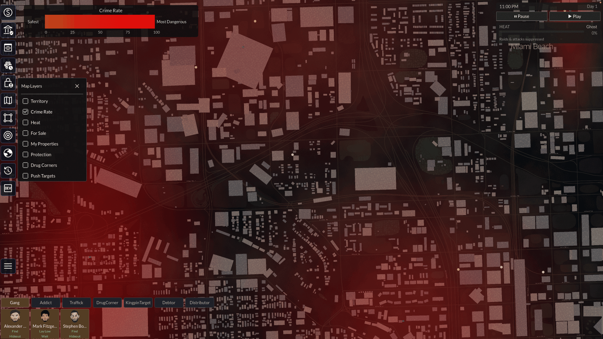 The heat overlay shading city sections by how hot they are.
