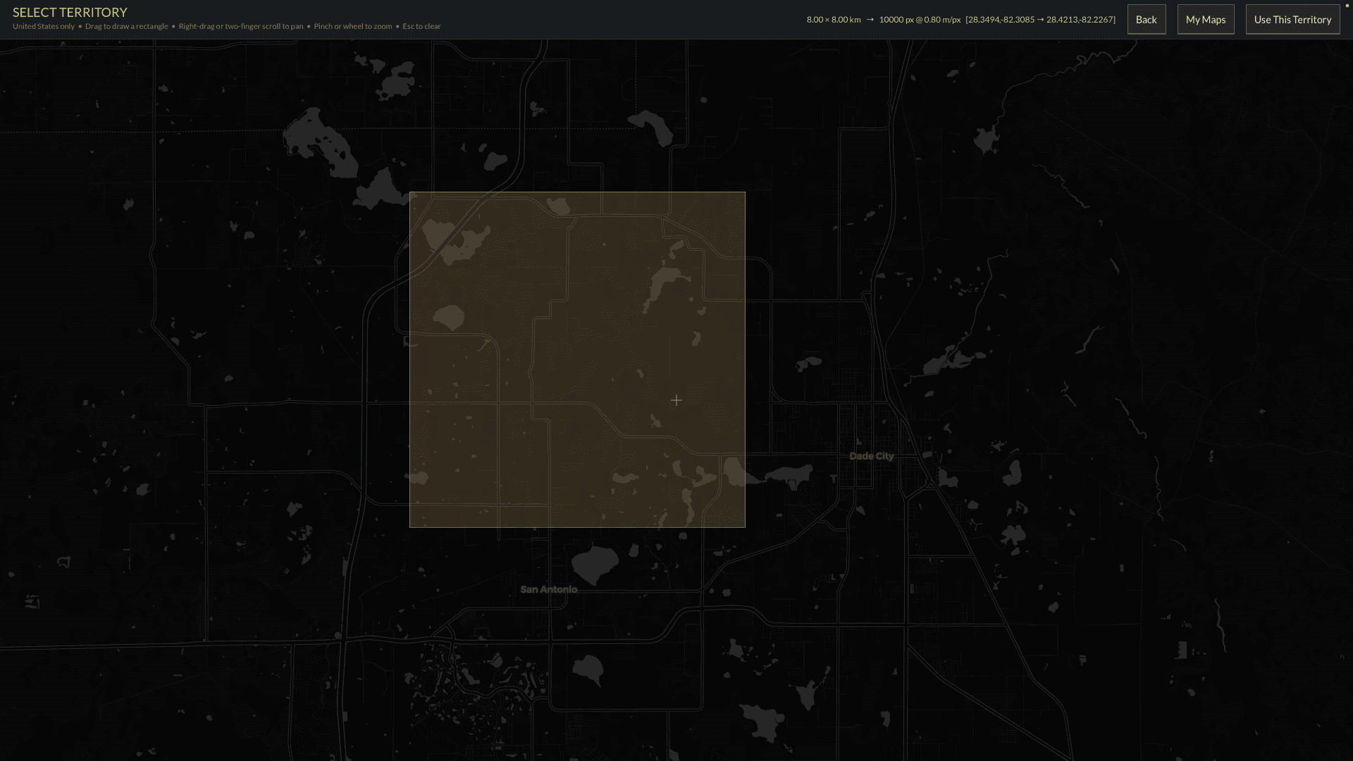 Select Territory: drawing a bounding box over a real US map at the start of the game.